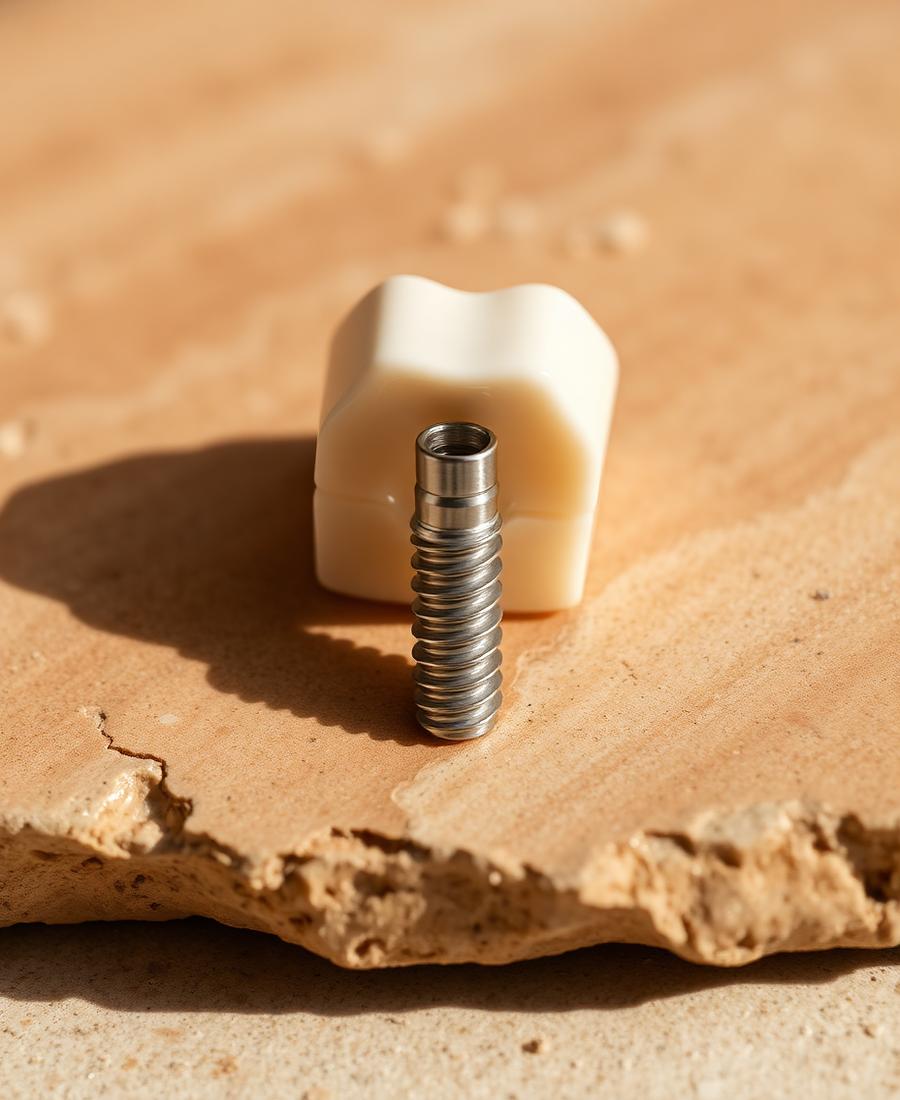 Modelo de implante dentário sobre superfície de pedra clara