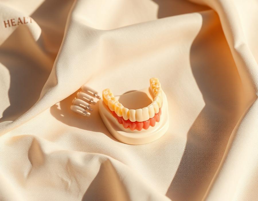 Modelo de prótese dentária sobre tecido bege